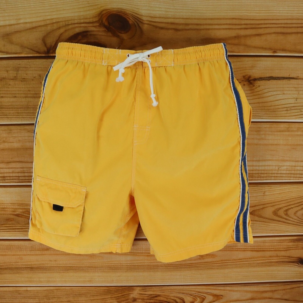 Swim Trunks w/Liner Mens Size L Yellow Elastic Waist Pockets Drawstring‎ RISE